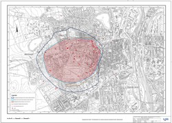 Das Senkungsgebiet unter Teilen der Altstadt. Eine hochauflösende Karte mit Erklärungen befindet sich im Dokument Karte Erdfall- und Senkungsgebiet von Lüneburg in der rechten Spalte.