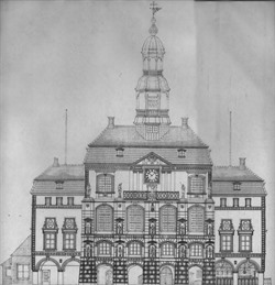 Das Rathaus vom Marktplatz aus gesehen. Die Zeichnung stammt von der Technischen Universität Braunschweig (Lehrstuhl Baugeschichte, Prof. J. Paul, 1964-66)