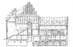 Das Rathaus im Schnitt, aus Richtung Westen betrachtet. Die Zeichnung stammt von der Technischen Universität Braunschweig (Lehrstuhl Baugeschichte, Prof. J. Paul, 1964-66).